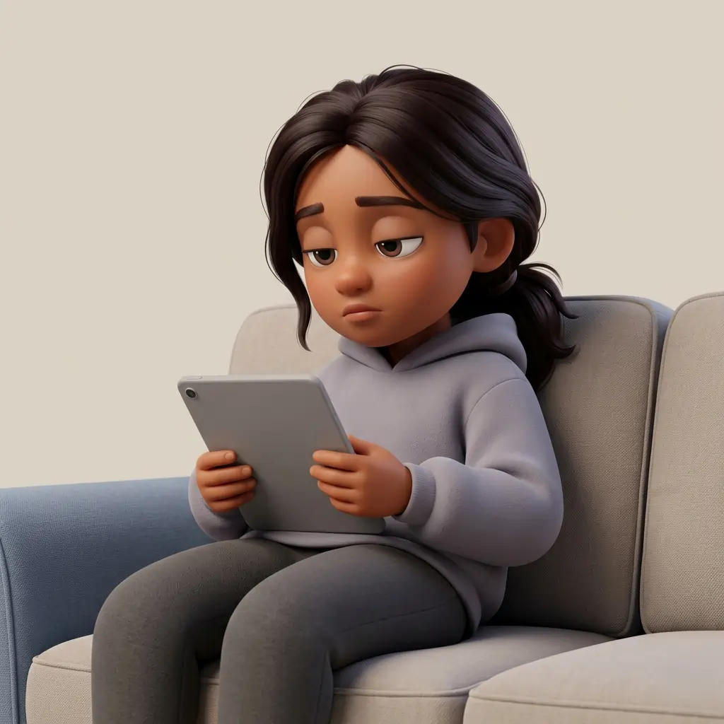 A child slumped on the sofa with a tablet, low on energy