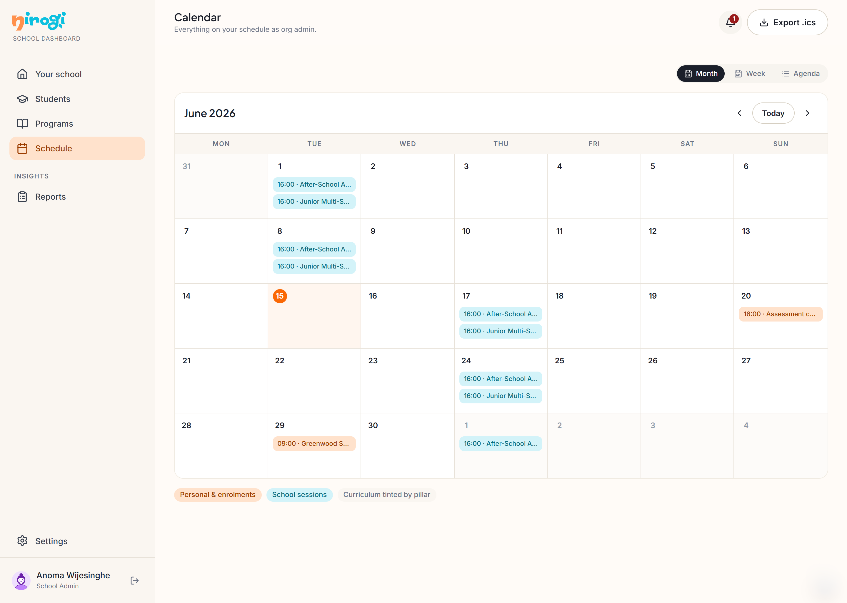 School and organization reports showing aggregate student progress